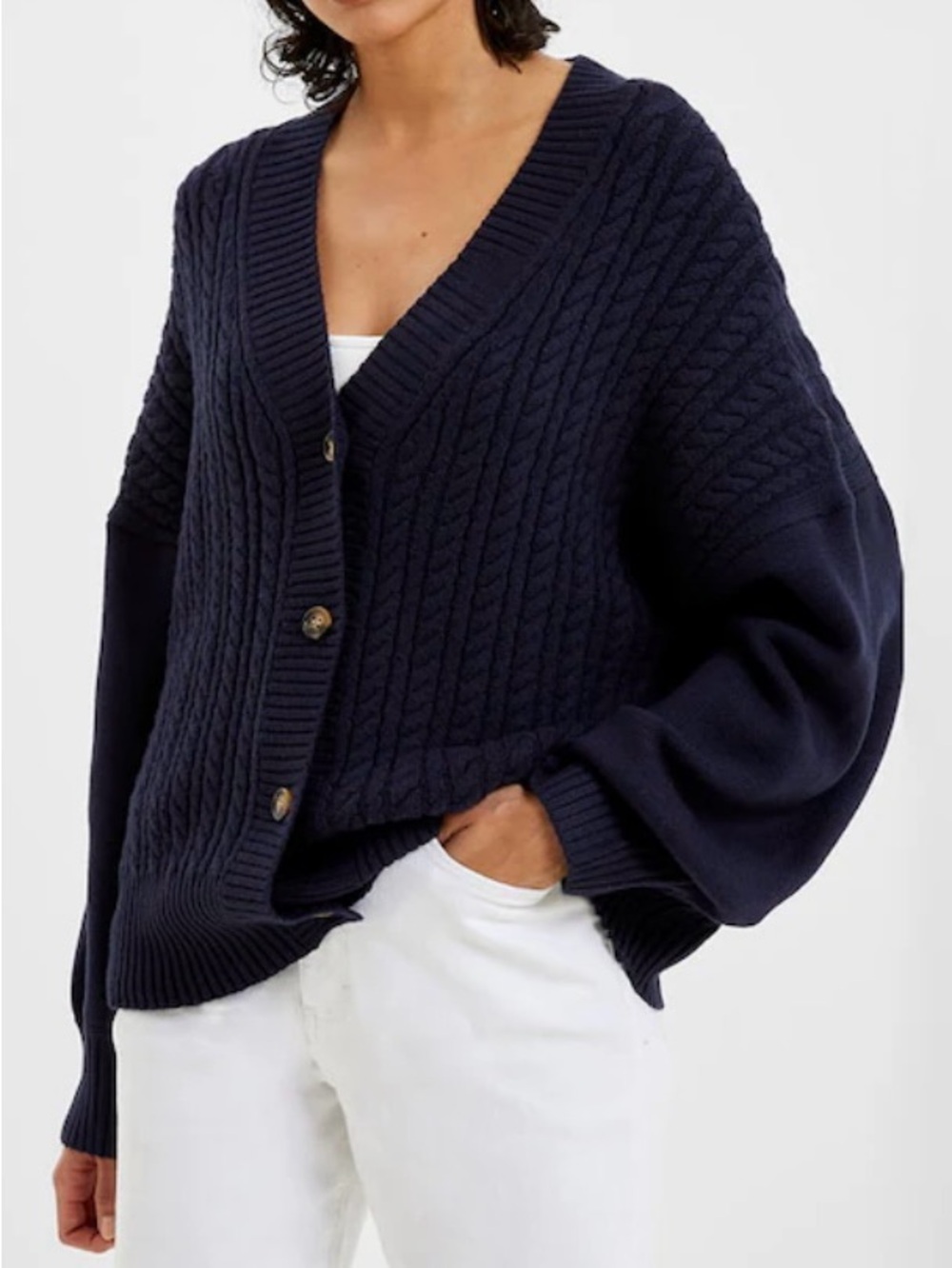 French Connection NWT Babysoft Cable Knit Cardigan in Duchess Blue, Size Large